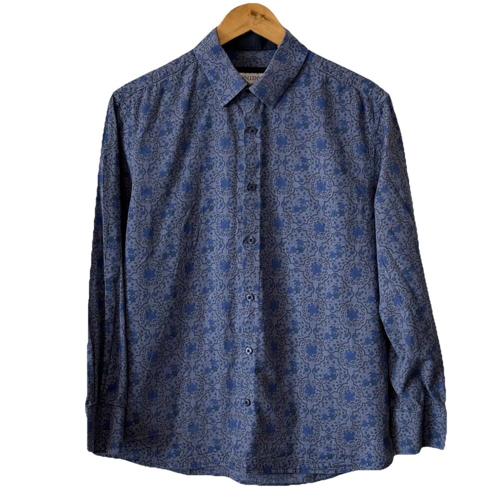 John Lennon Floral Medallion Print Shirt Blue Button Front Mens Medium